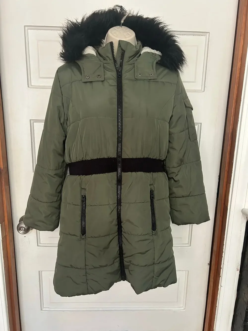 Hudson Girls Coat Size Large 12/14 Green Puffer Fur Hood Full Length Zipper XC